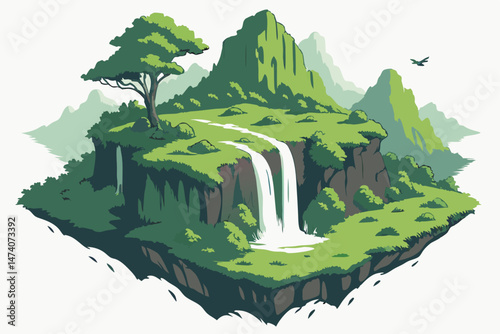 128 floating island, lush green landscape, waterfalls, mountainous terrain, fantasy environment, photorealistic, highly detailed, 8k resolution, digital art