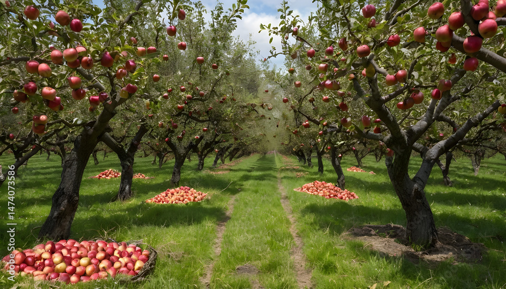 Naklejka premium Apple orchard harvest season with ripe red apples on trees and ground scenic landscape view farm 100