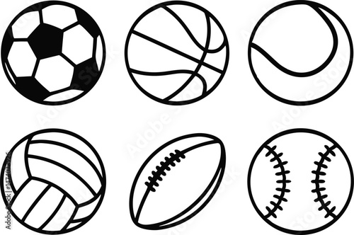 Sport balls set. Ball icons. Balls for Football, Soccer, Basketball, Tennis, Baseball, Volleyball. Vector illustration