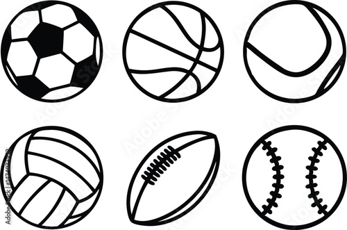 Sport balls set. Ball icons. Balls for Football, Soccer, Basketball, Tennis, Baseball, Volleyball. Vector illustration