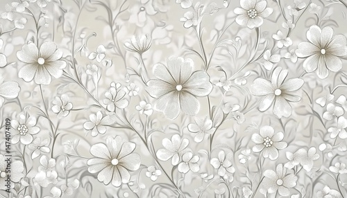 Wallpaper Mural A light-gray wallpaper with white floral and leaf patterns in a retro-elegant style. Torontodigital.ca