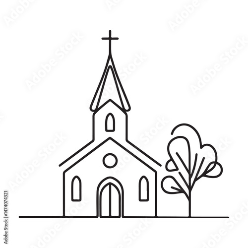 Simple Church Building Line Art Illustration for Religious Themes