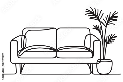 Cozy Living Room Couch with Plant Minimalist One Line Art