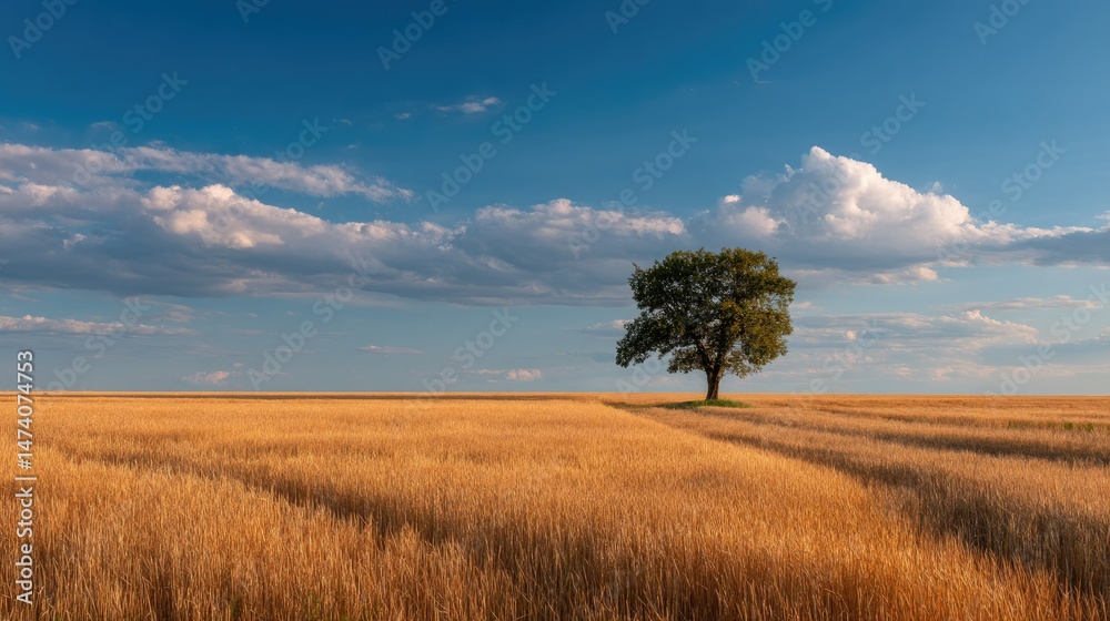 A lone tree standing at the edge of a golden wheat field under a wide open sky, symbolizing solitude A lone tree standing at the edge of a golden wheat field under a wide open sky, symbolizing solitude