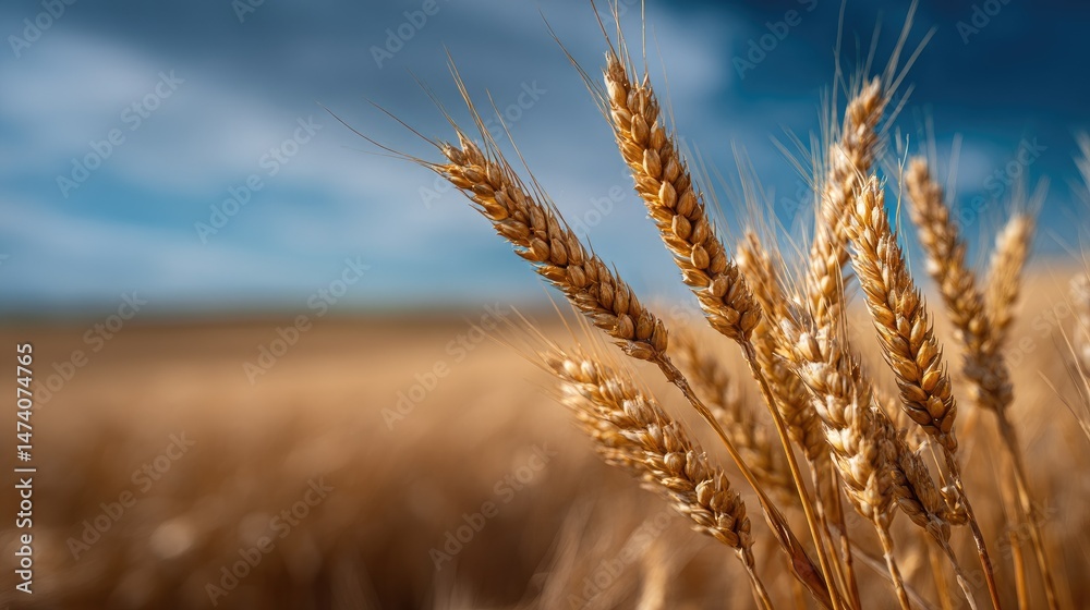 Obraz premium A macro shot of golden wheat heads with a blurred field and sky behind, showing detail and texture