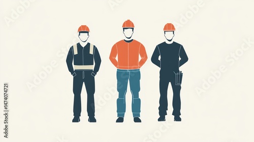 A solid and united group of construction workers wearing striking orange and safety helmets visually gives the impression of professionalism and readiness.