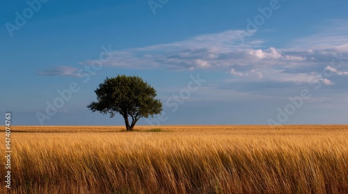 A lone tree standing at the edge of a golden wheat field under a wide open sky, symbolizing solitude