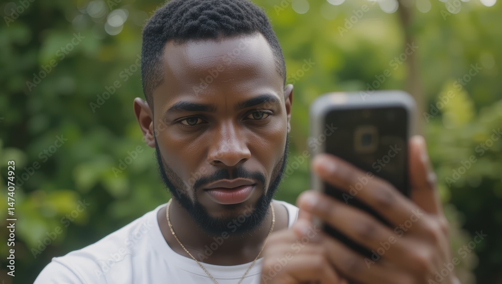 Man Focusing on Smartphone Screen in Lush Green Outdoor Environment with Natural Lighting Man Focusing on Smartphone Screen in Lush Green Outdoor Environment with Natural Lighting