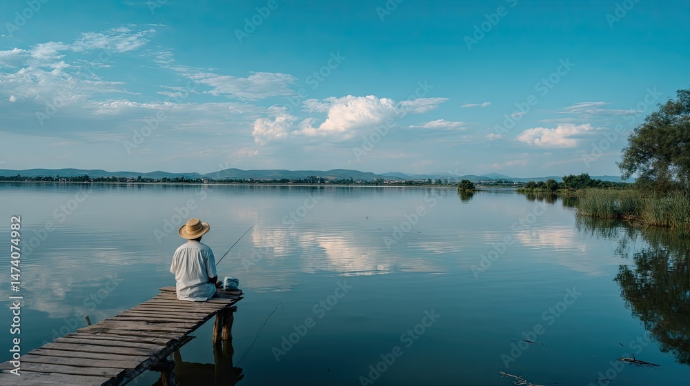 A man in a straw hat fishing on a wooden dock, still lake waters reflecting the sky A man in a straw hat fishing on a wooden dock, still lake waters reflecting the sky
