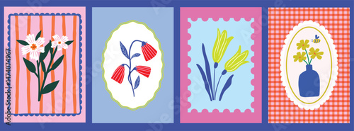 Colorful vibrant flower illustration poster set. Hand drawn flat simple shapes floral drawing. Trendy design for cards, print, kitchen, branding, fashion graphics.