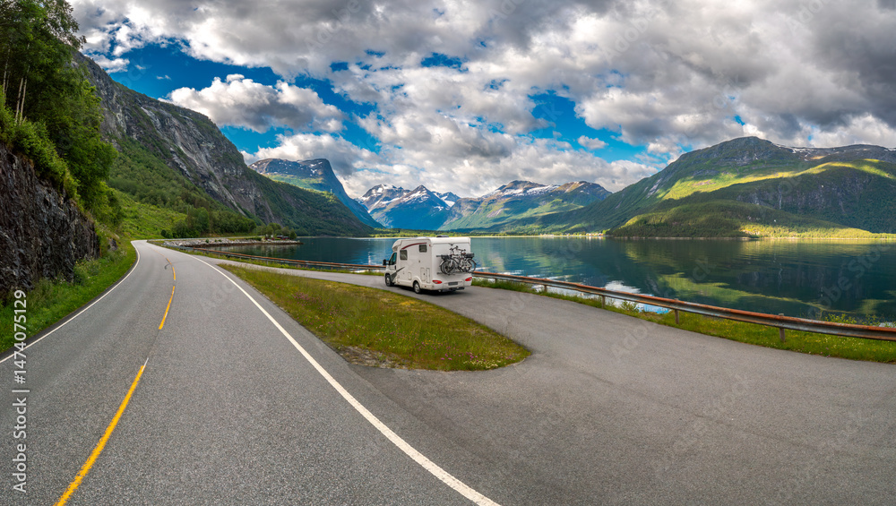 Naklejka premium Family vacation travel RV, holiday trip in motorhome, Caravan car Vacation.