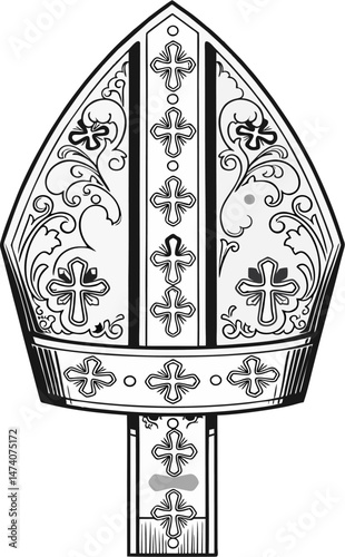 Detailed Bishop Mitre with Cross and Baroque Floral Patterns – Black and White Ecclesiastical Vector Illustration