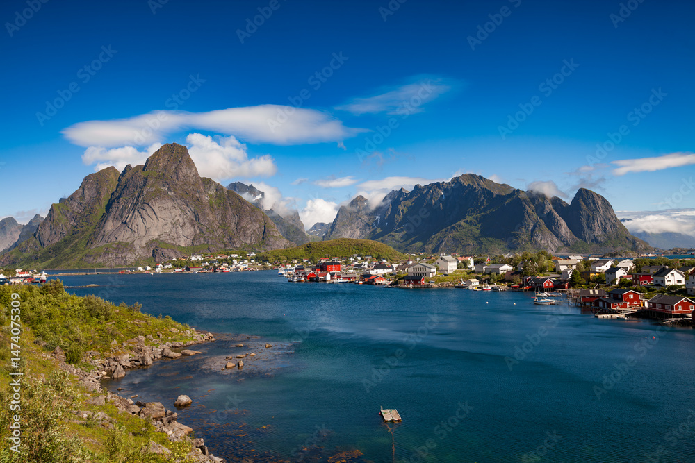 Obraz premium Amazing landscape town of Reine of the Lofoten Islands with blue sky , county of Nordland, Norway.