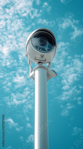 White pole with a surveillance camera on top, taken from below. Blue sky at background.