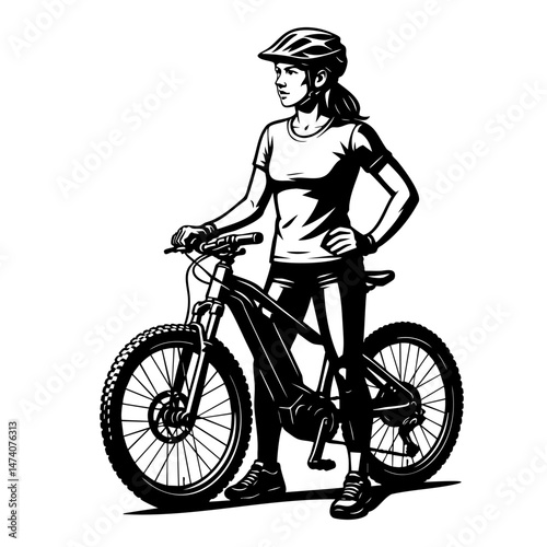 Female cyclist standing with a mountain bike in a confident pose wearing a helmet and sporty outfit