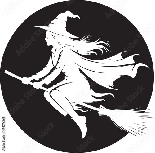 Witch on Broomstick Silhouette Flying in Magical Night Sky for Halloween Decor