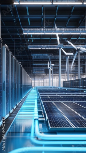 High-tech renewable energy facility showcasing solar panels and wind turbines, emphasizing sustainability and innovative energy solutions for a greener future.