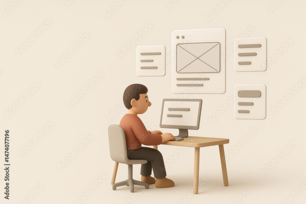 Fototapeta premium Person working on computer with digital interface elements, creative and focused atmosphere in soft beige tones