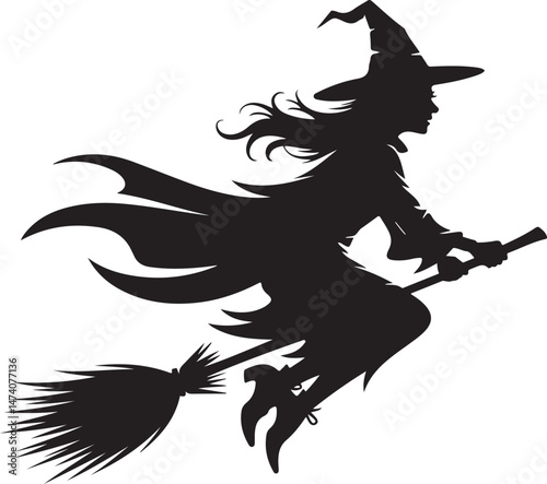 Witch on Broomstick Silhouette Flying in Magical Night Sky for Halloween Decor