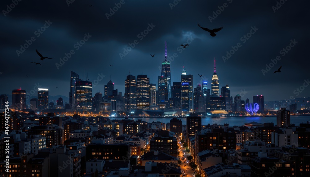 Obraz premium dark cityscape at night with birds in flight ideal for urban photography, nature branding, and e commerce listings showcasing city skylines, flying birds, and dramatic nighttime lighting