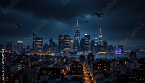 Wallpaper Mural dark cityscape at night with birds in flight ideal for urban photography, nature branding, and e commerce listings showcasing city skylines, flying birds, and dramatic nighttime lighting Torontodigital.ca