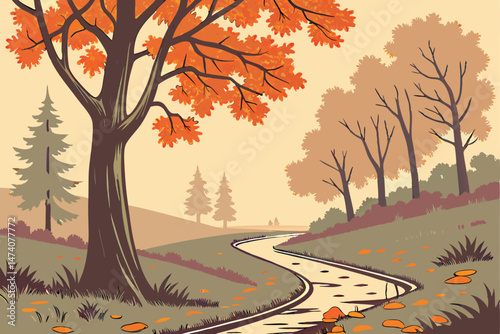 130 autumn landscape, forest road, winding road, wet road, rainy day, fall foliage, orange leaves, moody atmosphere, mist, overcast sky, cinematic, warm colors, serene, tranquil, atmospheric