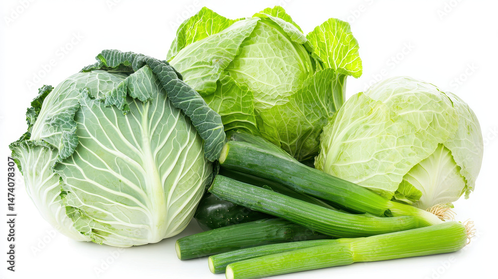 Fototapeta premium Fresh cabbages and leeks arranged beautifully, showcasing vibrant greens and healthy produce