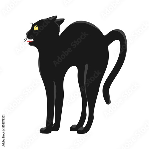 The black cat hisses and stands in an aggressive pose, isolated against a white background.Vector illustration of a pet.
