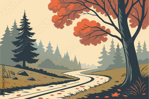 130 autumn landscape, forest road, winding road, wet road, rainy day, fall foliage, orange leaves, moody atmosphere, mist, overcast sky, cinematic, warm colors, serene, tranquil, atmospheric