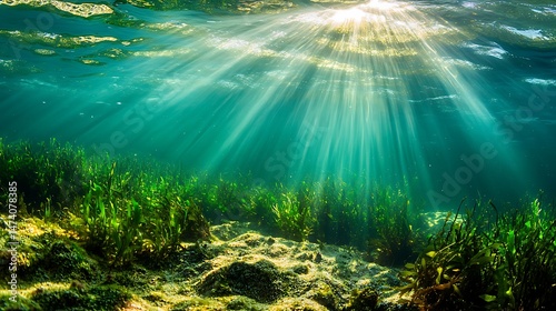 Fototapeta Naklejka Na Ścianę i Meble -  Underwater view of the sea with seaweed and sunbeams