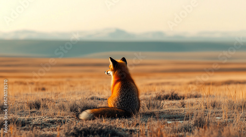 Solitary fox gazes across a vast tundra landscape during the golden hour