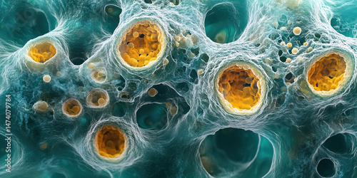 Natural environment of sperm reproduction cells observed under a microscope at cellular level. Header banner mockup with copy space.