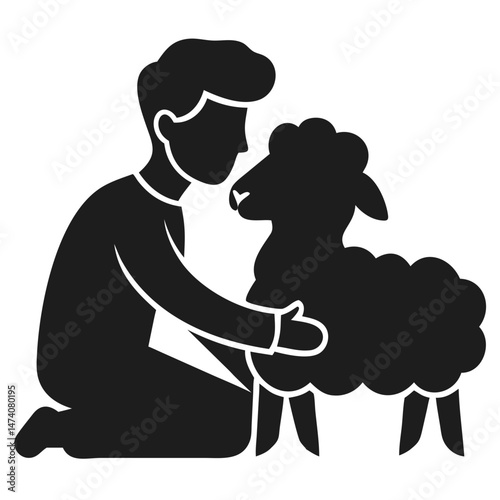 Pastoral scene depicting a man snuggling with a sheep in black silhouette design