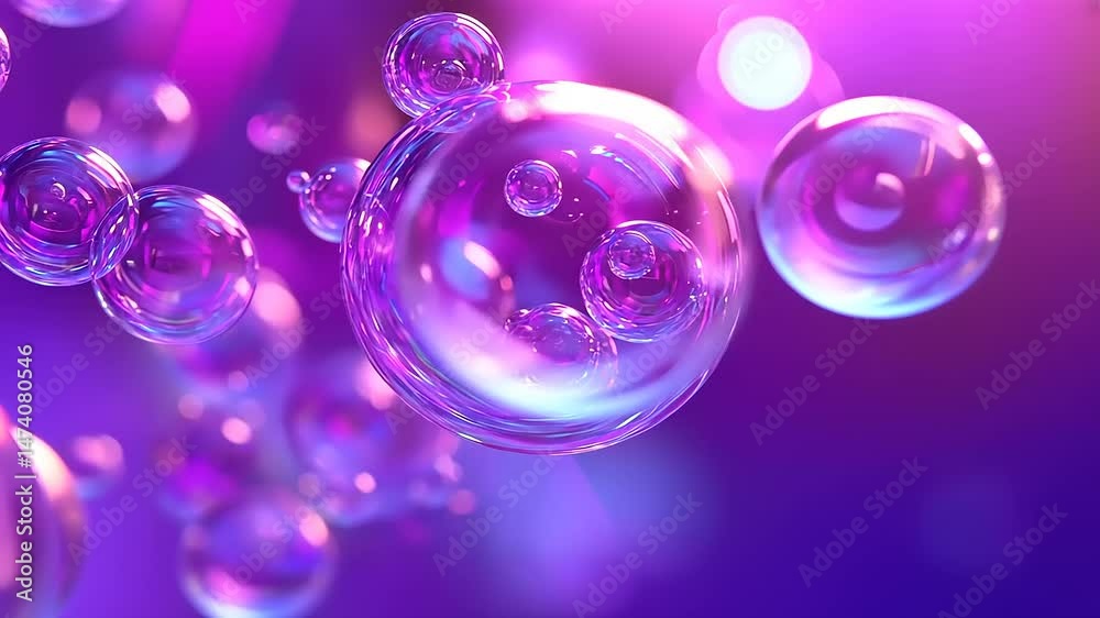 Colorful soap bubbles floating in a vibrant purple background with light reflections