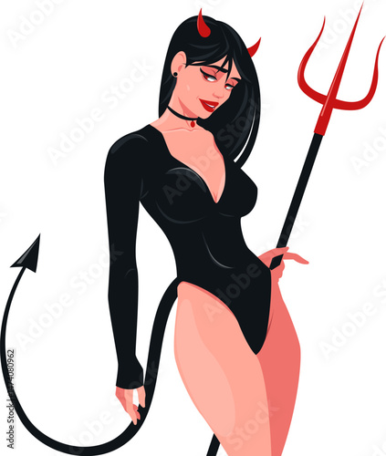 Devil girl with horns, tail and trident