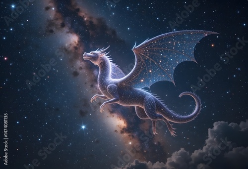Majestic Dragon Flying Under Starry Galaxy Sky - Fantasy Art Print