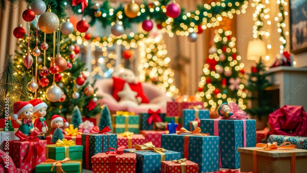 Naklejka premium Bright New Year's decorations create an atmosphere of celebration and coziness. Shiny balls, garlands and toys shimmer in the warm light. The magic of Christmas night.