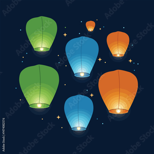 “Colorful Sky Lanterns Floating at Night – Festive Celebration Background with Green, Blue, and Orange Lanterns”