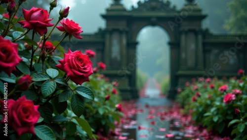 Fototapeta Naklejka Na Ścianę i Meble -  Gloomy rose bushes, antique gate Rain-soaked petals, decaying elegance , red, moody