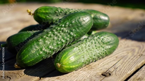 Freshly Picked Cucumbers Displayed on Weathered Wooden Plank Surface