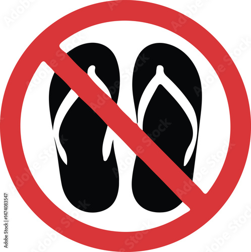 No Flip Flops Sign black silhouette with sandals and red slash, capturing footwear rules and safety in a minimalist vector