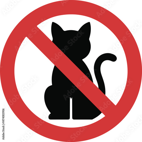 No Cats Sign black silhouette with sitting feline and red slash, capturing pet restriction and hygiene
