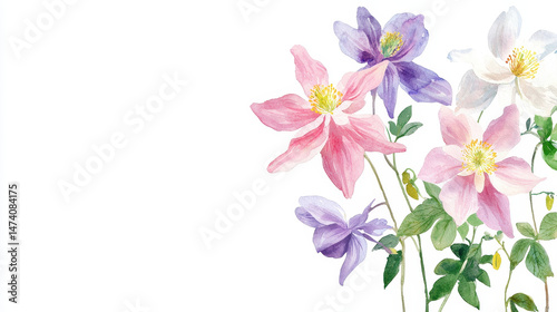 Watercolor botanical illustration of colorful flowers, showcasing delicate petals and vibrant hues, evoking sense