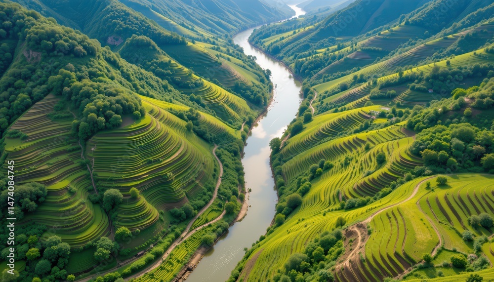 Fototapeta premium aerial view of a winding river through lush green rice terraces, perfect for nature photography, agricultural branding, and e commerce listings showcasing rivers, rice terraces, and lush landscapes