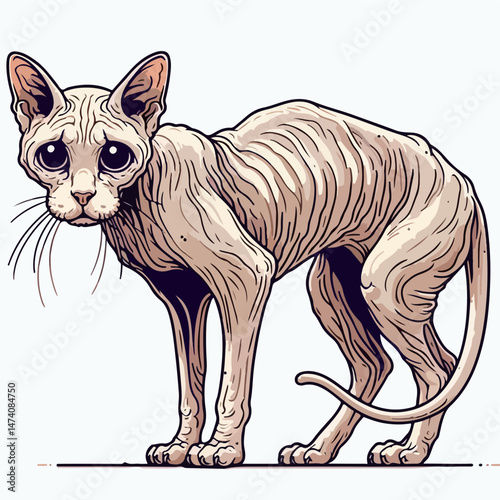 Hairless Cat Illustration: A detailed illustration of a hairless cat with a soulful expression, highlighting its unique appearance and delicate features. The cat stands with a melancholic gaze.