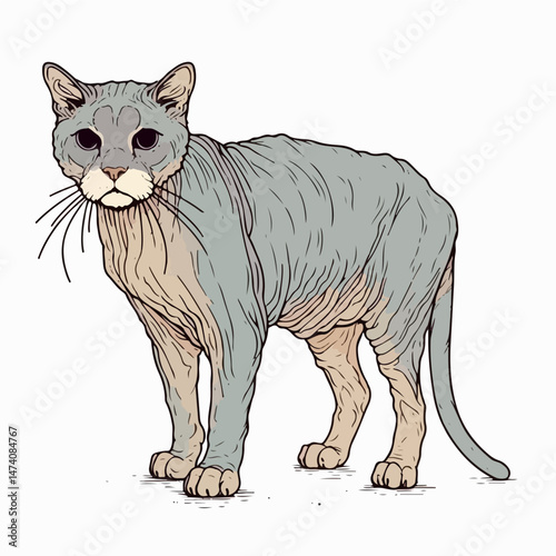 Sphynx Cat Portrait: A detailed illustration showcases the unique features of a Sphynx cat, with its almost hairless skin, intelligent eyes, and slender build. Captured in a clean, linear style.
