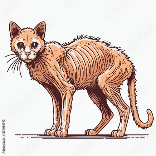 Poor Cat: A skinny cat with visible ribs and a forlorn expression. This artistic illustration highlights animal neglect.