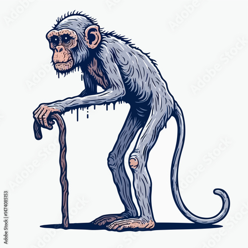 Monkey with Cane: An elderly monkey, a poignant image of aging, leans upon a cane, embodying wisdom, life's journey, and the passage of time.