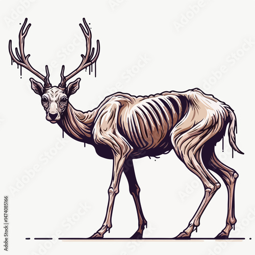 Skeletal Deer: A haunting illustration of a deer skeleton, its bones stark against a pale background, evoking a sense of decay and mortality.  