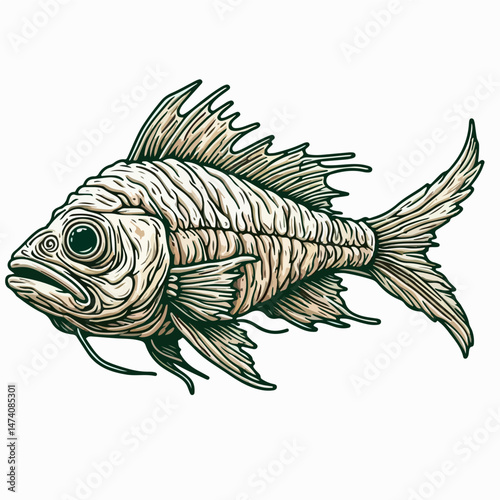 Detailed Fish Illustration: An intricately detailed, vintage-inspired illustration of a fish with striking scales, fins, and a melancholic expression.